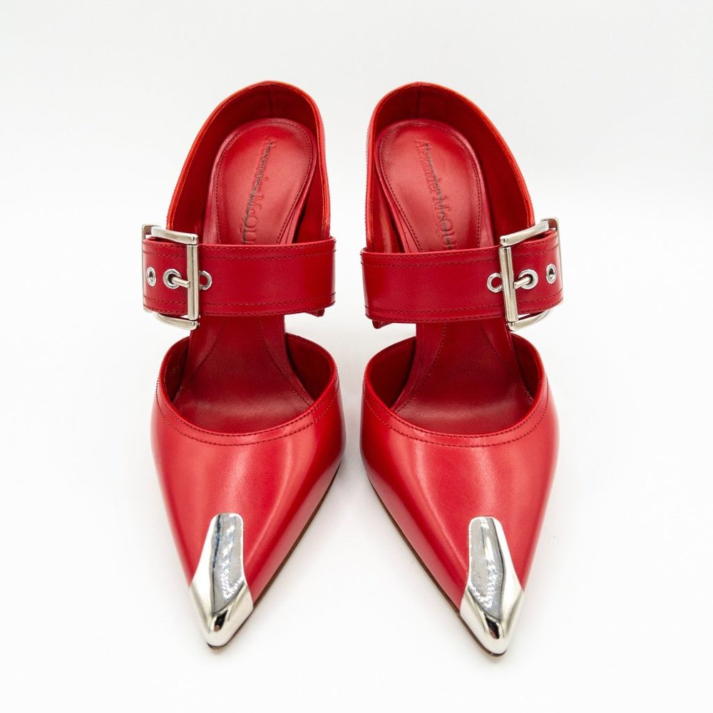 Alexander McQueen Red Leather Buckle Point-Toe Mules (New without box) - Picture 7 of 8
